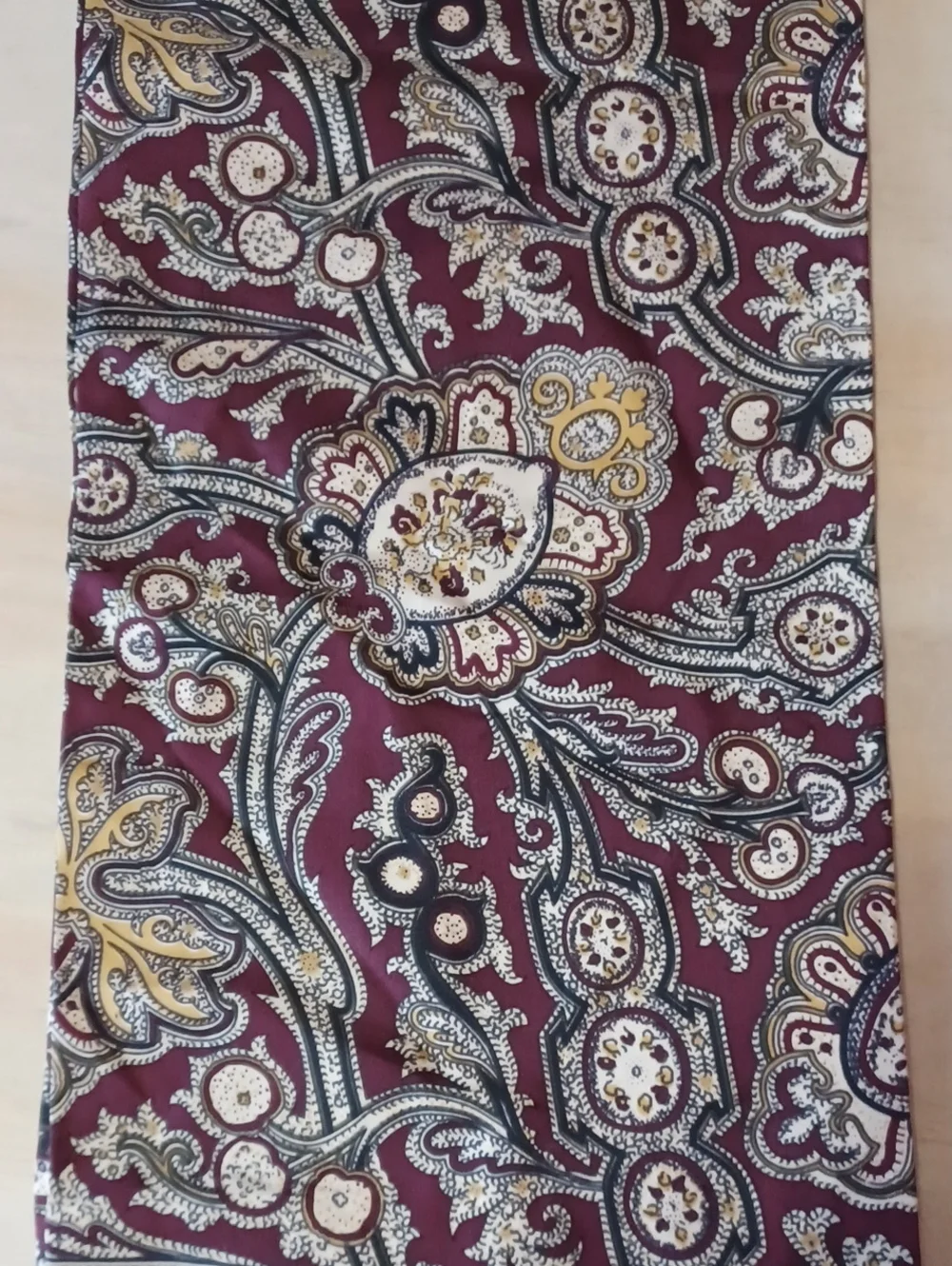 Vintage Paisley Oblong Fringe Scarf 48×10 Silk Feel Burgundy Cream Gold
